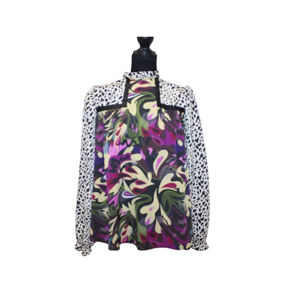 SSYS Tops - Bold Mixed Print Blouse Chic Floral & Leopard Statement Top Trendy Fit XS Ruffle